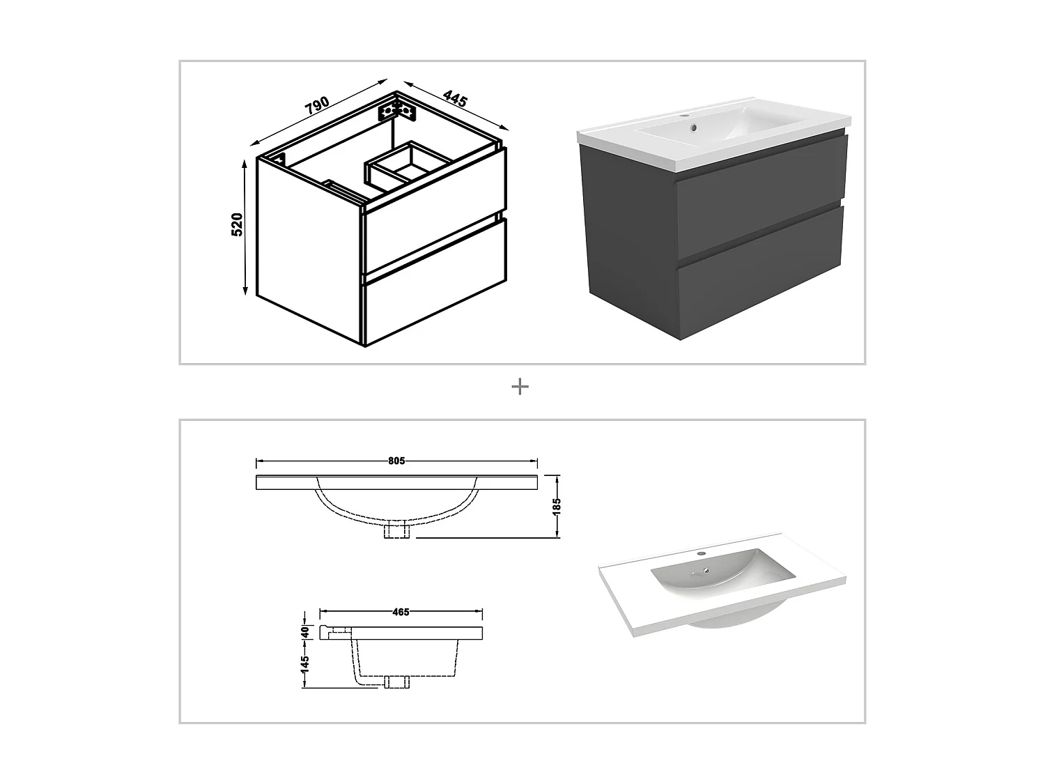 Meuble Salle de Bain 80cm Anthracite simple vasque et miroir lumineux 3 couleurs et dimmable