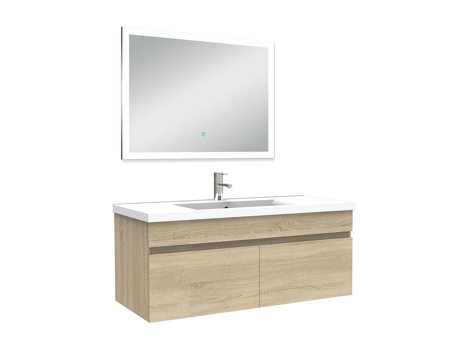 Ensemble meuble Salle de Bain 100cm simple vasque + miroir lumineux 3 couleurs + dimmable chêne wotan