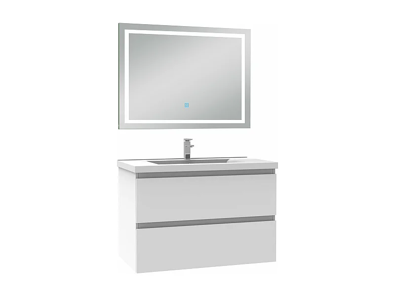 Ensemble meuble Salle de Bain 80cm Blanc simple vasque et miroir lumineux 3 couleurs et dimmable