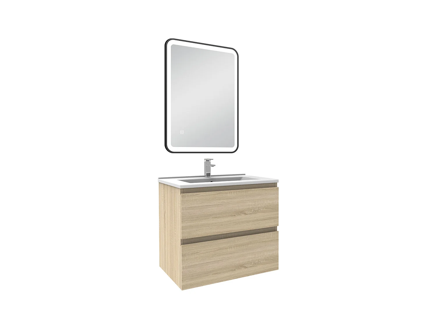 Meuble Salle de Bain 60cm Chêne Wotan simple vasque + miroir lumineux 3 couleurs + dimmable