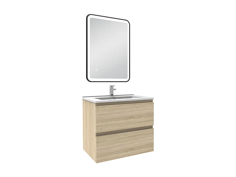 Meuble Salle de Bain 60cm Chêne Wotan simple vasque + miroir lumineux 3 couleurs + dimmable