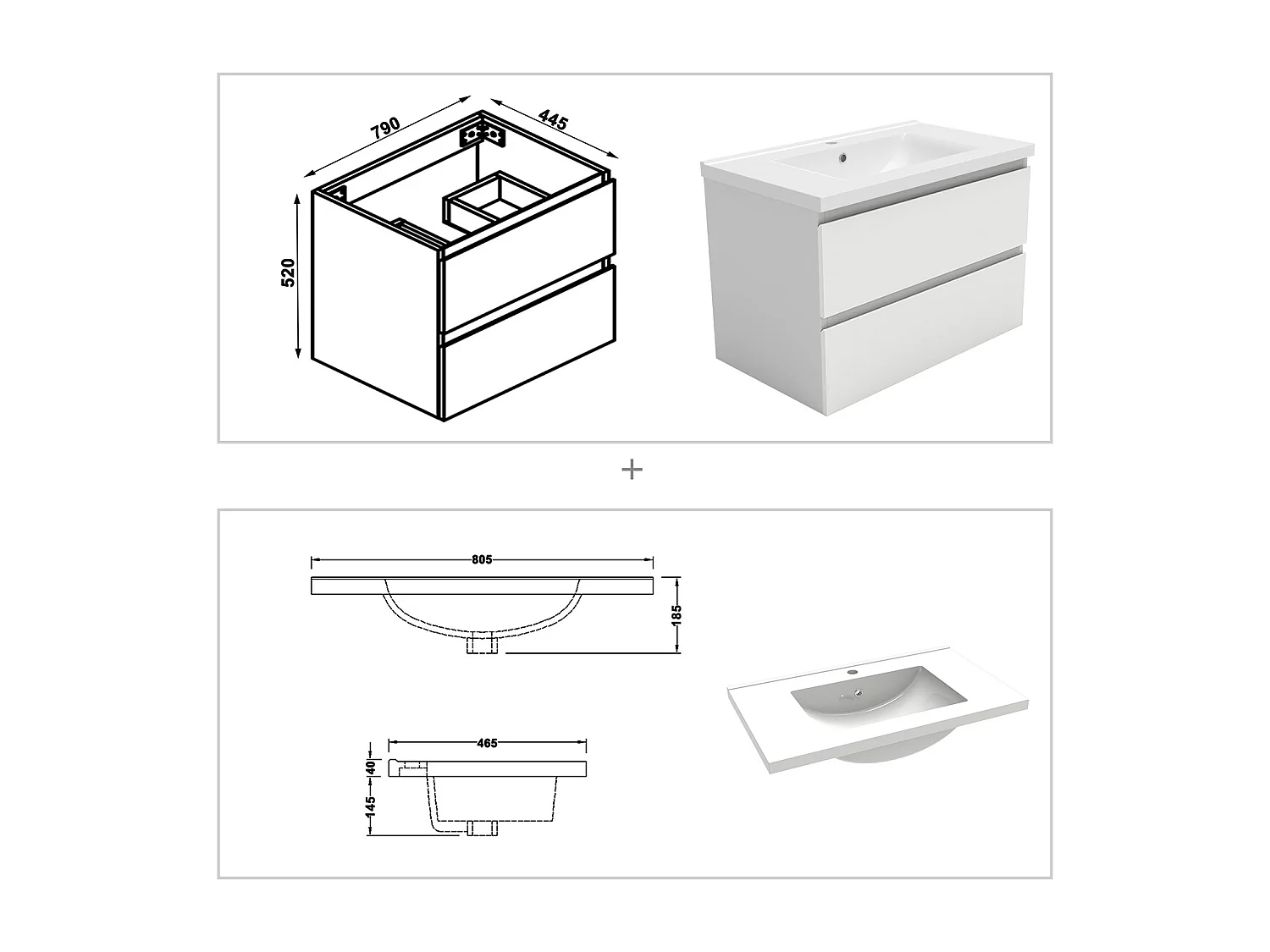 Meuble Salle de Bain 80cm Blanc simple vasque et miroir lumineux 3 couleurs et dimmable