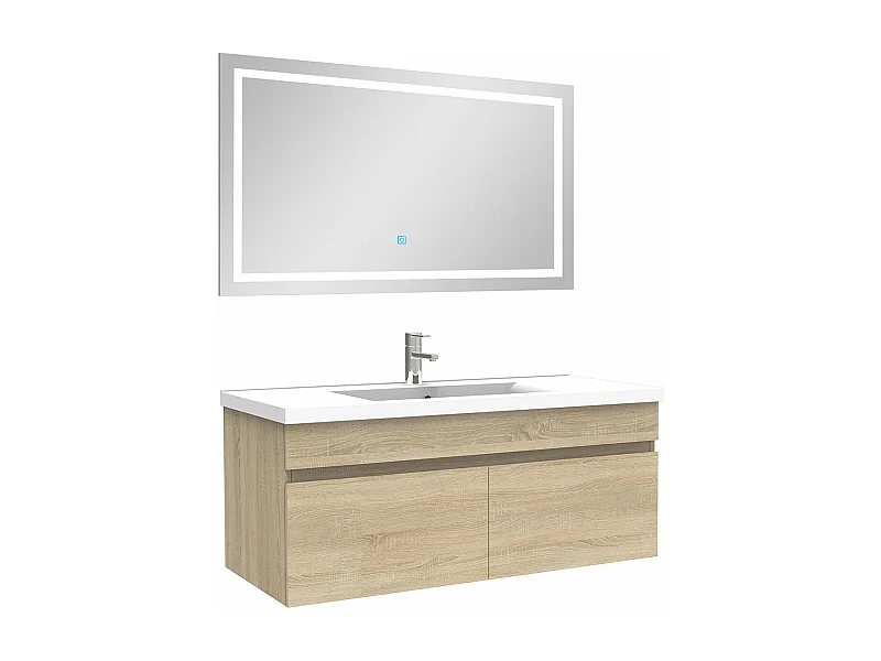 Ensemble meuble Salle de Bain 100cm Chêne Wotan simple vasque + miroir lumineux 3 couleurs + dimmable