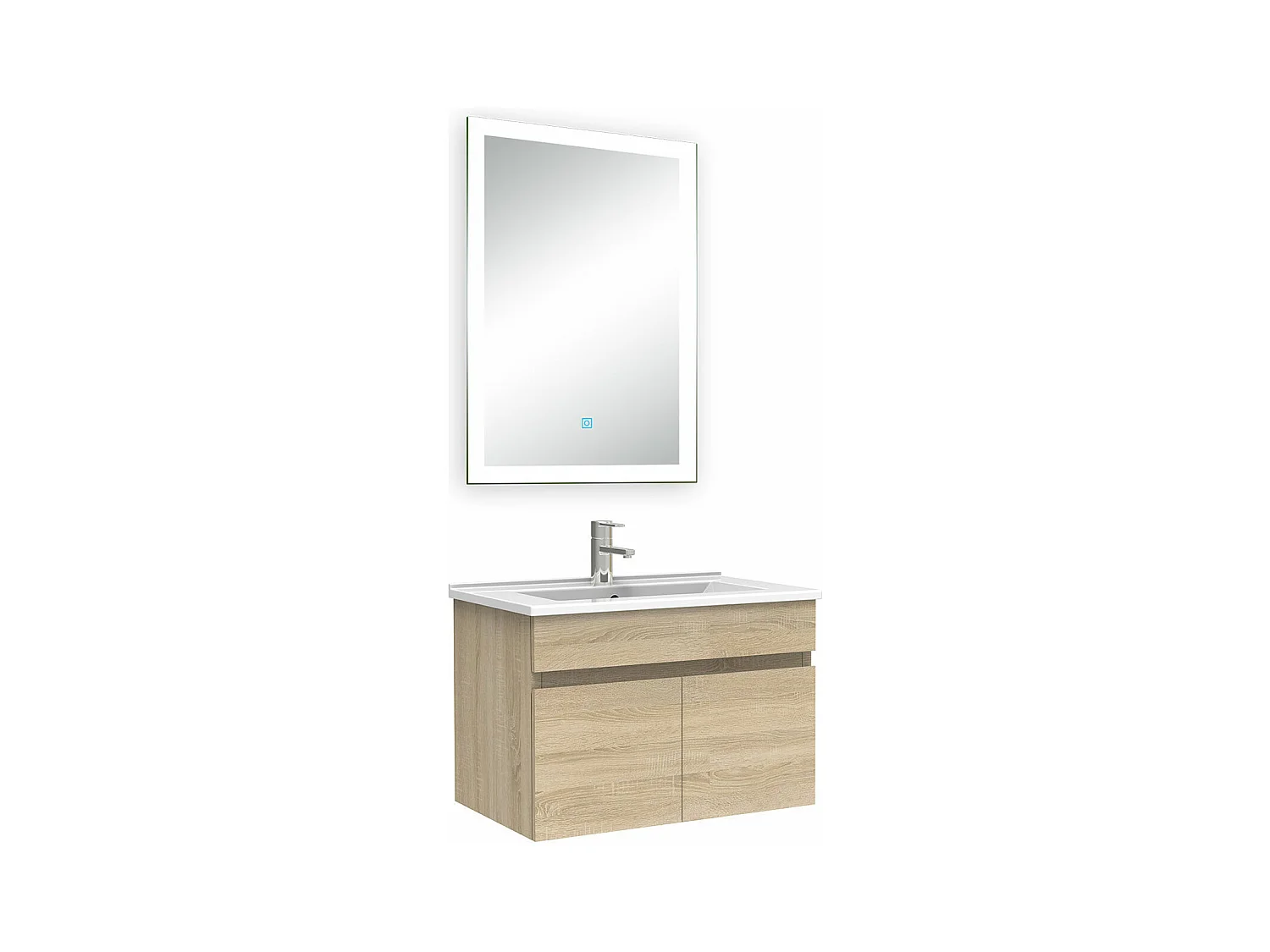 Ensemble meuble Salle de Bain 60cm simple vasque + miroir lumineux 3 couleurs + dimmable chêne wotan