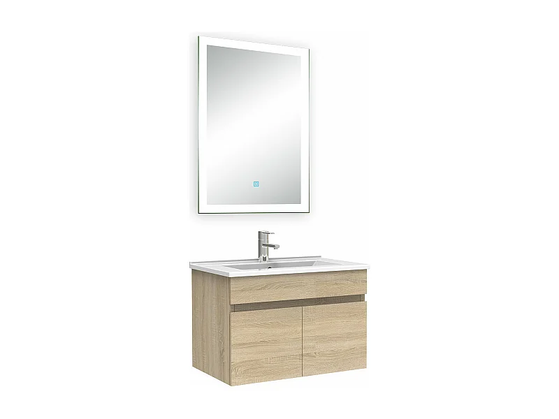 Ensemble meuble Salle de Bain 60cm simple vasque + miroir lumineux 3 couleurs + dimmable chêne wotan