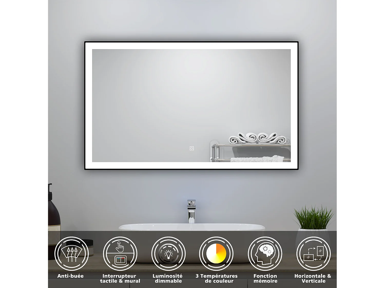 Meuble simple vasque 80cm avec miroir 3 couleurs et dimmable blanc