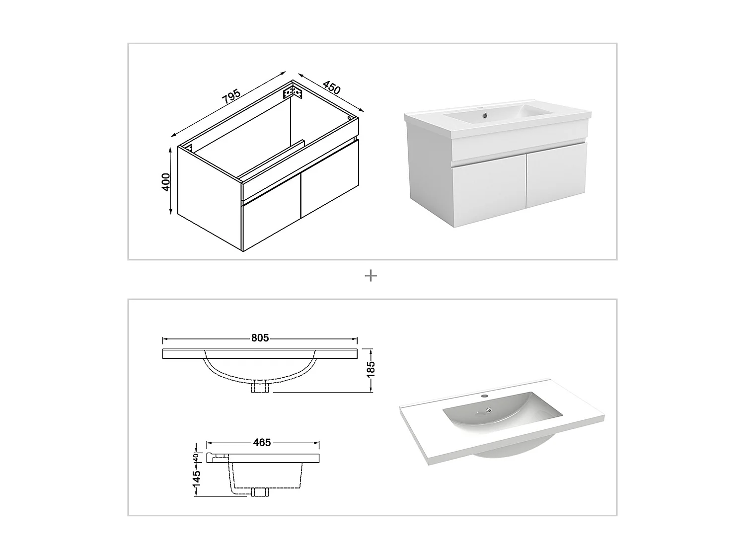 Meuble simple vasque 80cm avec miroir 3 couleurs et dimmable blanc