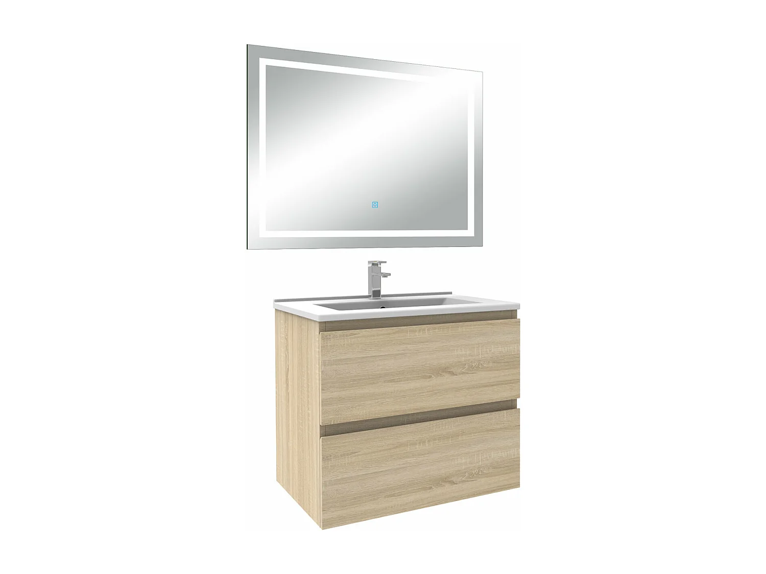 Ensemble meuble Salle de Bain 60cm Chêne Wotan simple vasque et miroir lumineux 3 couleurs et dimmable