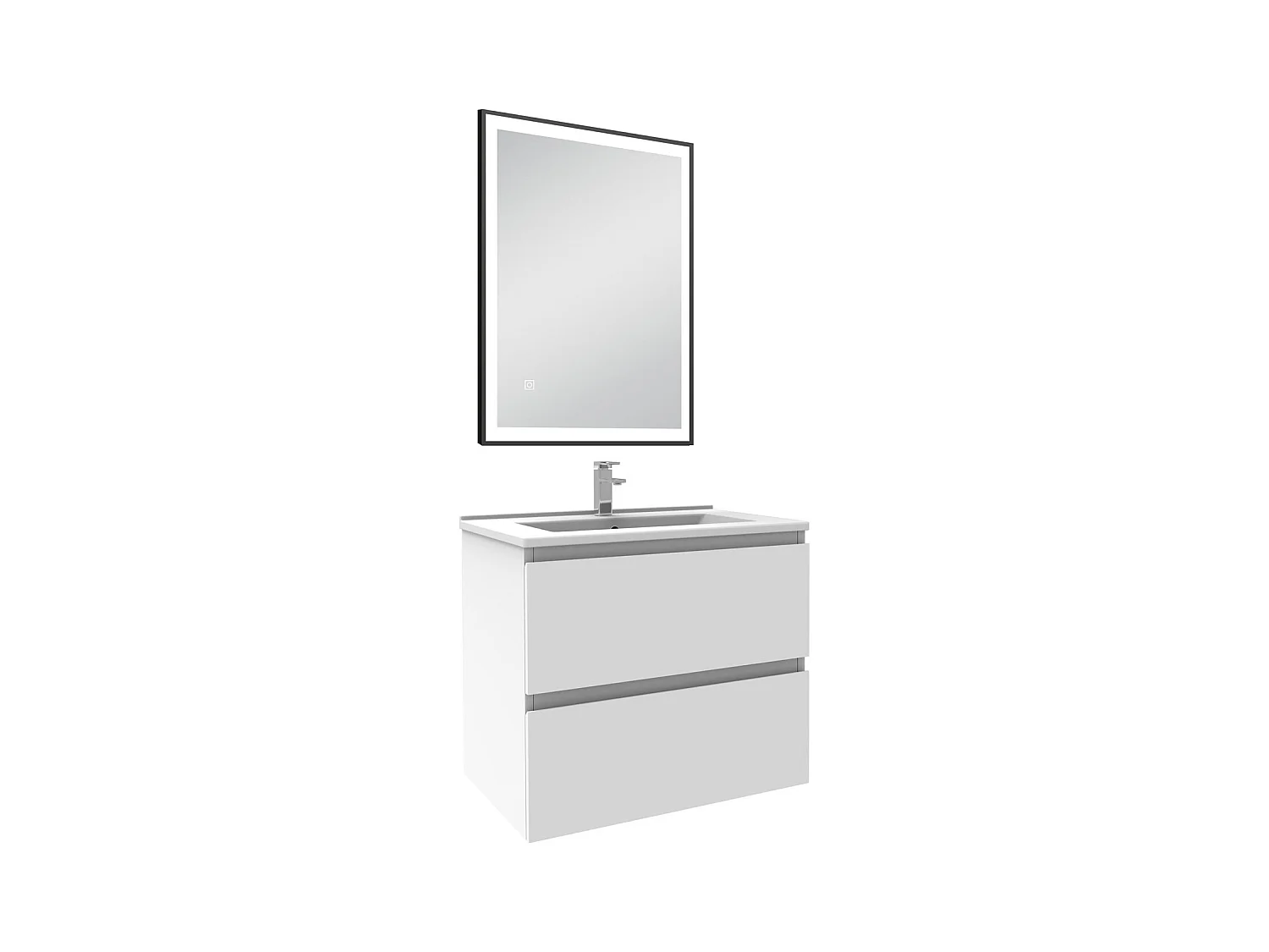 Meuble Salle de Bain 60cm Blanc simple vasque et miroir lumineux 3 couleurs et dimmable