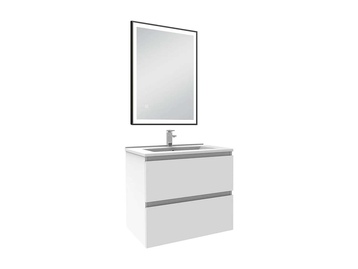 Meuble Salle de Bain 60cm Blanc simple vasque et miroir lumineux 3 couleurs et dimmable