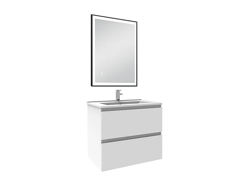 Meuble Salle de Bain 60cm Blanc simple vasque et miroir lumineux 3 couleurs et dimmable