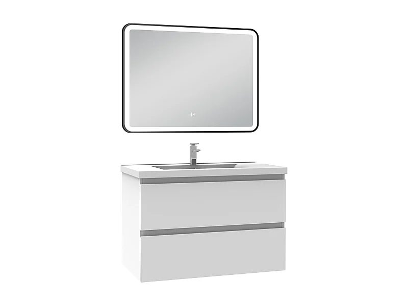 Meuble Salle de Bain 80cm Blanc simple vasque + miroir lumineux 3 couleurs + dimmable