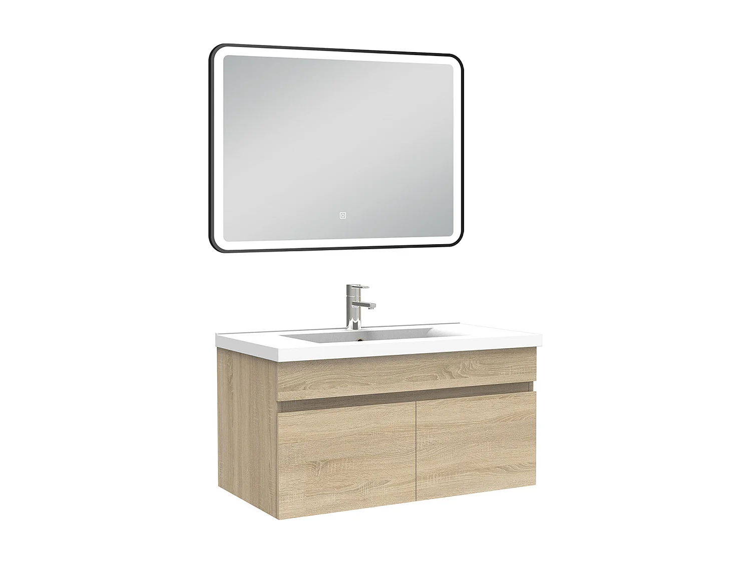Meuble simple vasque 80cm avec miroir 3 couleurs + dimmable chêne wotan