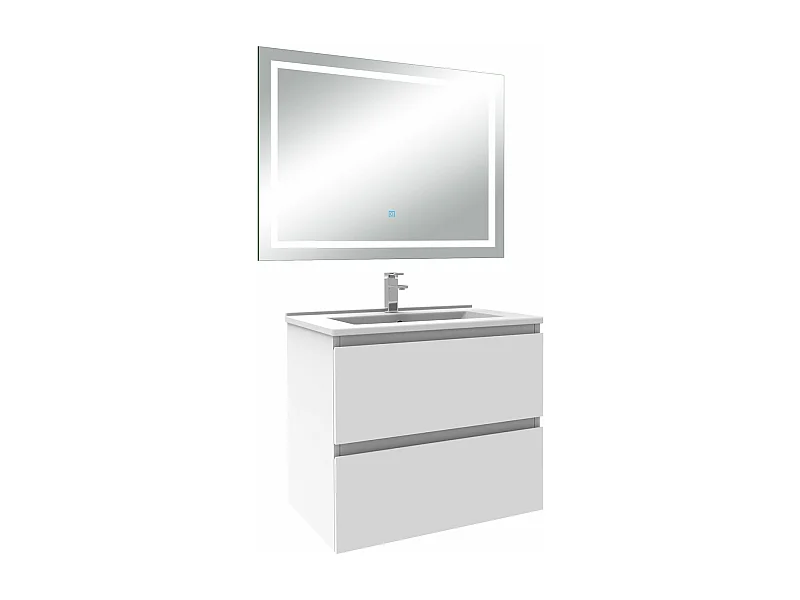 Ensemble meuble Salle de Bain 60cm Blanc simple vasque et miroir lumineux 3 couleurs et dimmable
