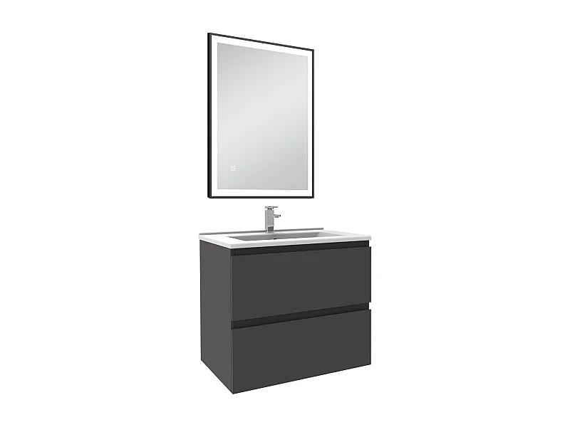 Meuble Salle de Bain 60cm Anthracite simple vasque et miroir lumineux 3 couleurs et dimmable
