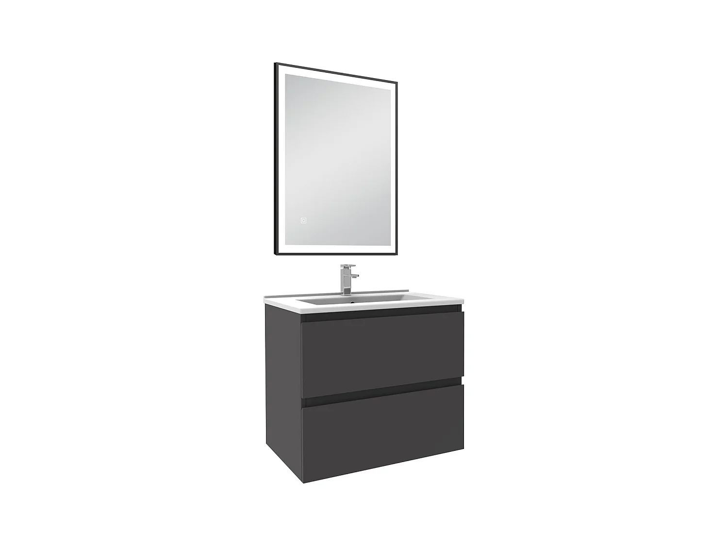 Meuble Salle de Bain 60cm Anthracite simple vasque et miroir lumineux 3 couleurs et dimmable