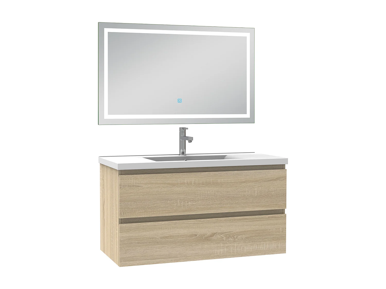 Ensemble meuble Salle de Bain 100cm Chêne Wotan simple vasque et miroir lumineux 3 couleurs et dimmable