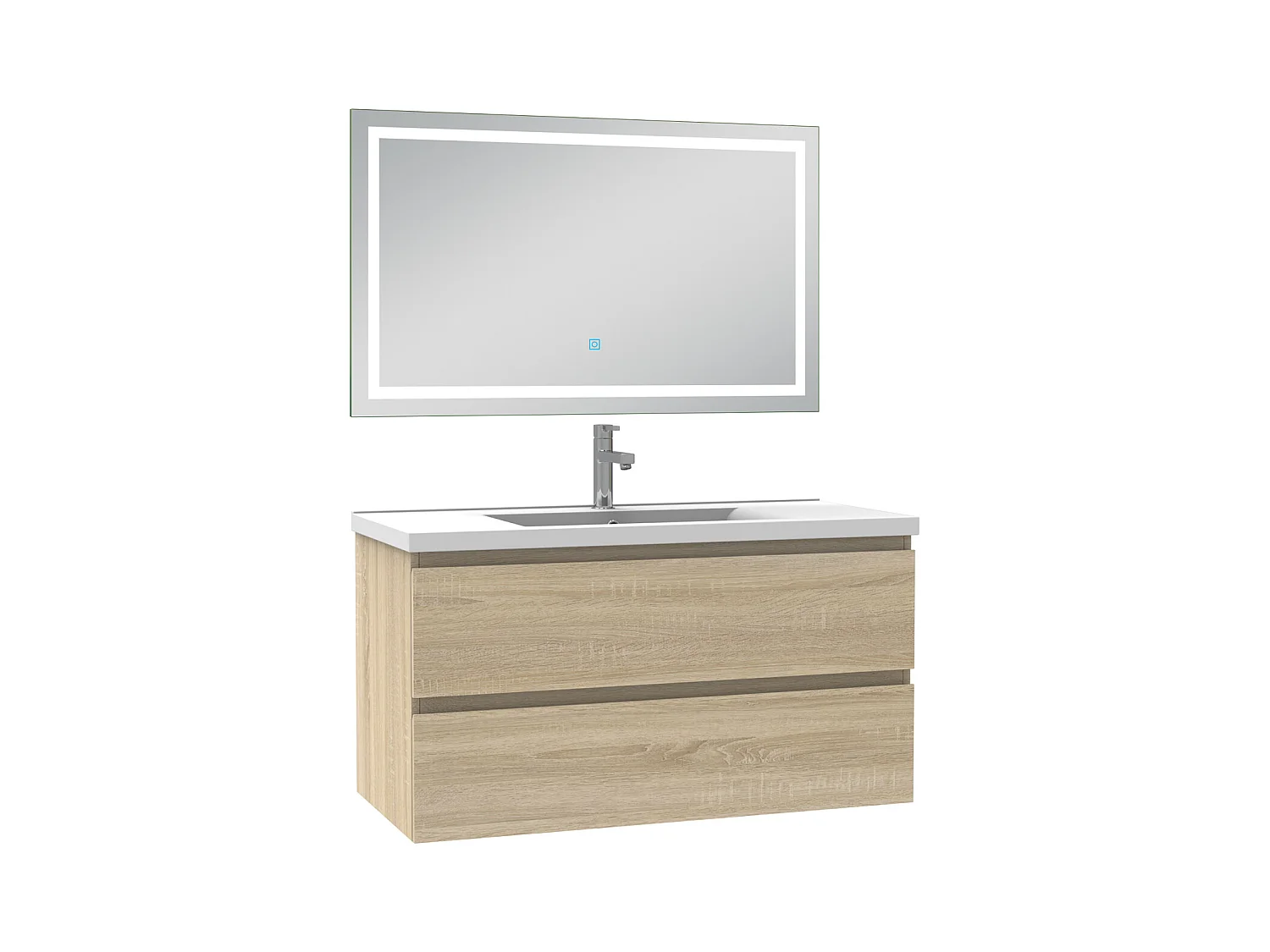 Ensemble meuble Salle de Bain 100cm Chêne Wotan simple vasque et miroir lumineux 3 couleurs et dimmable