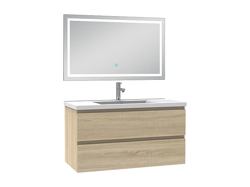 Ensemble meuble Salle de Bain 100cm Chêne Wotan simple vasque et miroir lumineux 3 couleurs et dimmable