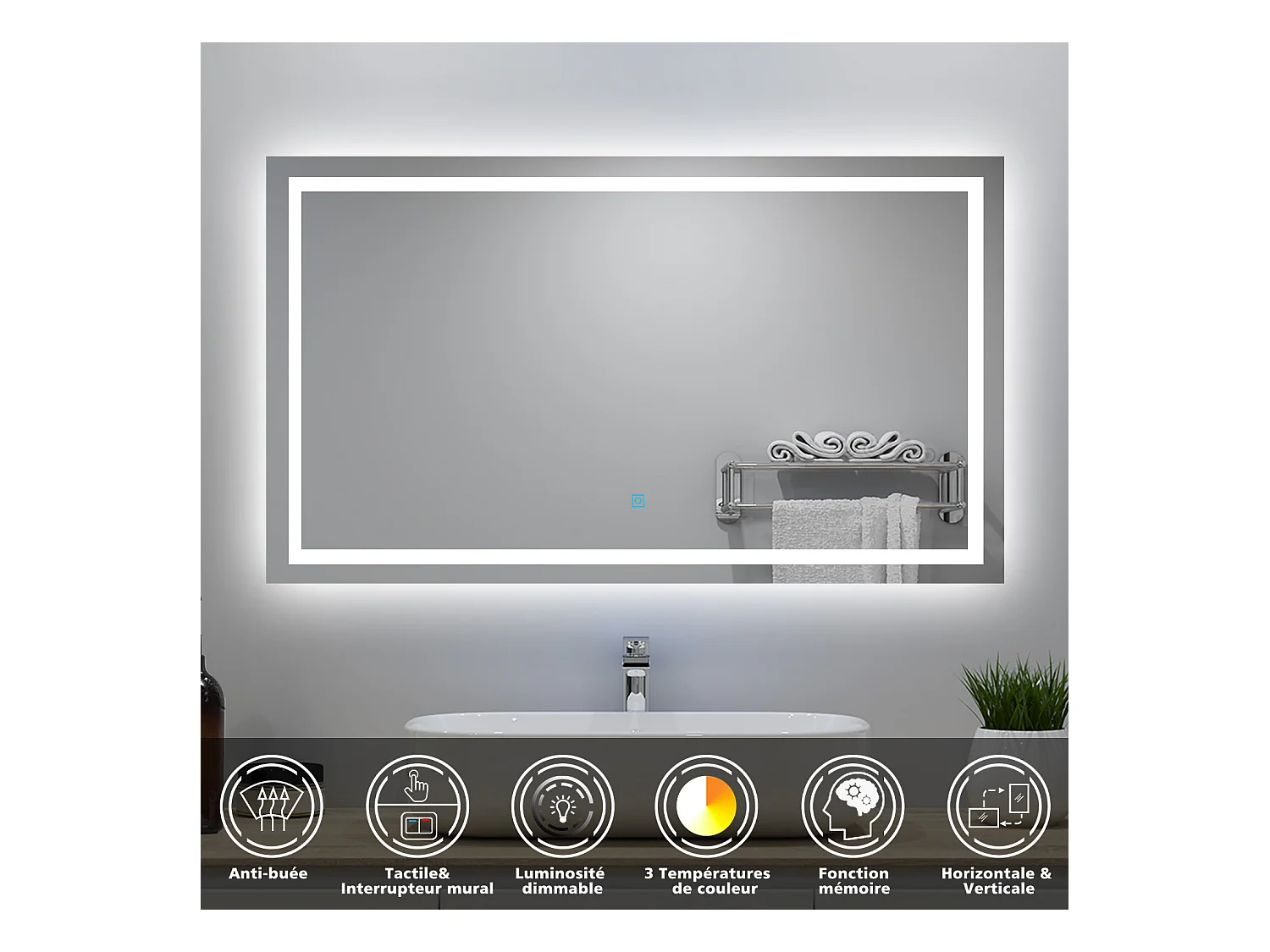 Ensemble meuble Salle de Bain 80cm Blanc simple vasque + miroir lumineux 3 couleurs + dimmable