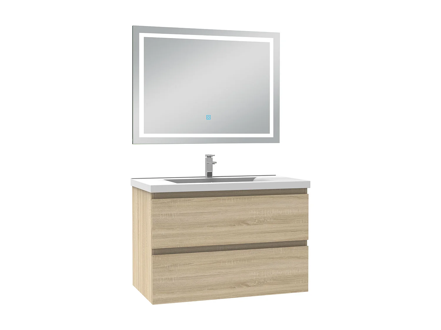 Ensemble meuble Salle de Bain 80cm Chêne Wotan simple vasque et miroir lumineux 3 couleurs et dimmable