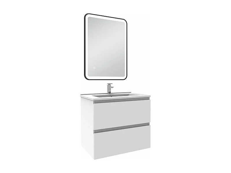 Meuble Salle de Bain 60cm Blanc simple vasque + miroir lumineux 3 couleurs + dimmable