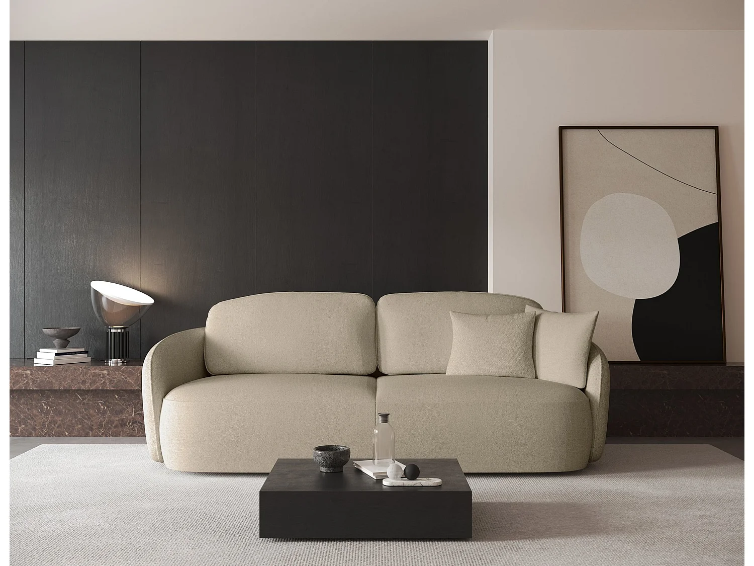 Canapé convertible trois places - en tissu chenille beige - SAVOY