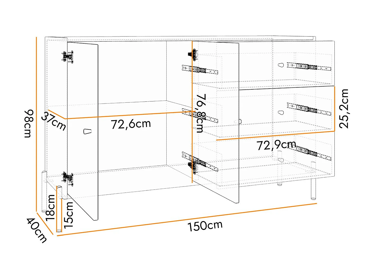 Buffet 2 portes - 150 cm - 3 tiroirs - noir/aspect chêne artisan - RAVIERO