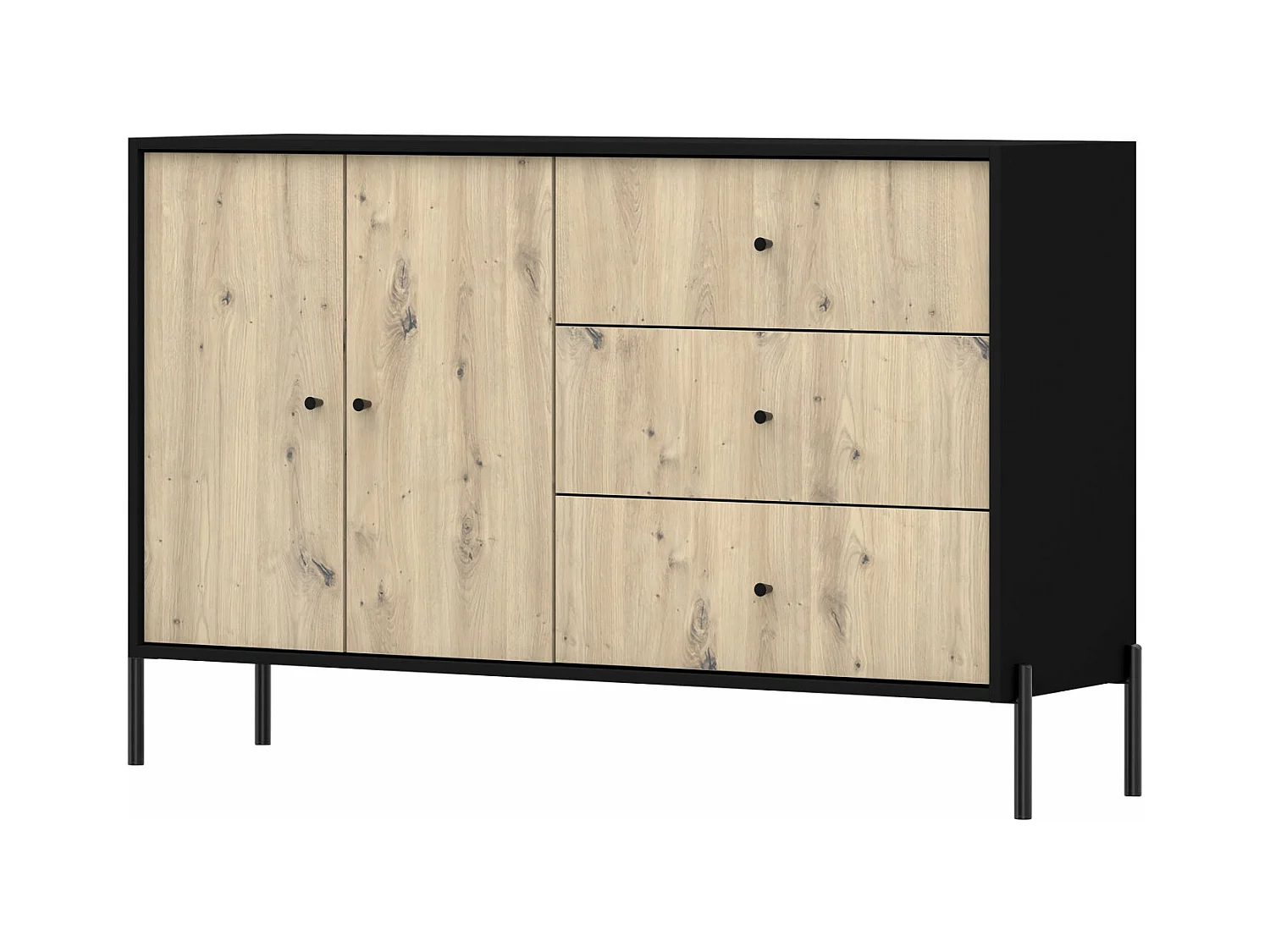Buffet 2 portes - 150 cm - 3 tiroirs - noir/aspect chêne artisan - RAVIERO
