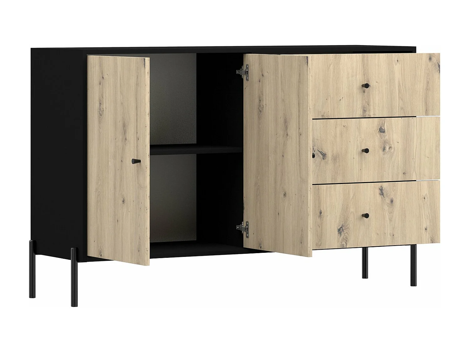 Buffet 2 portes - 150 cm - 3 tiroirs - noir/aspect chêne artisan - RAVIERO