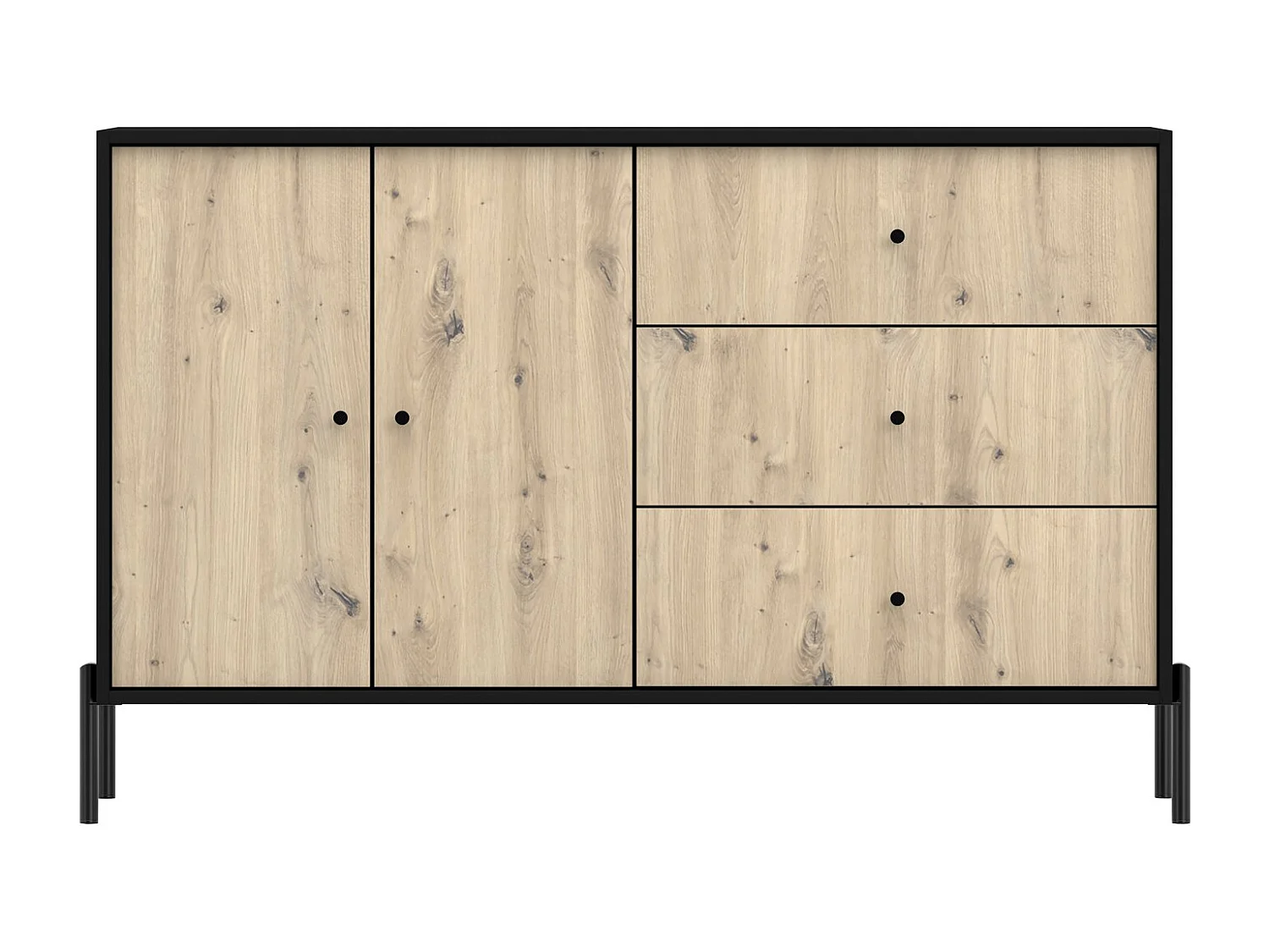 Buffet 2 portes - 150 cm - 3 tiroirs - noir/aspect chêne artisan - RAVIERO