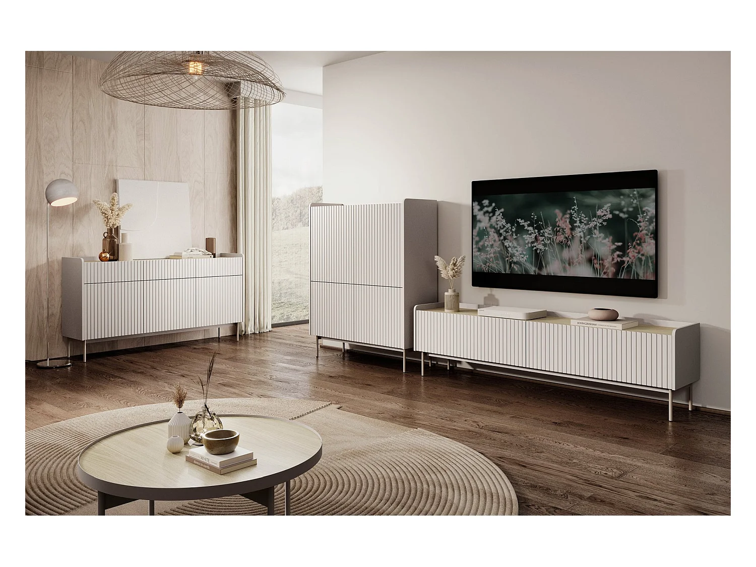 Buffet 3 portes - 153 cm - 3 tiroirs - grège - LIWELO