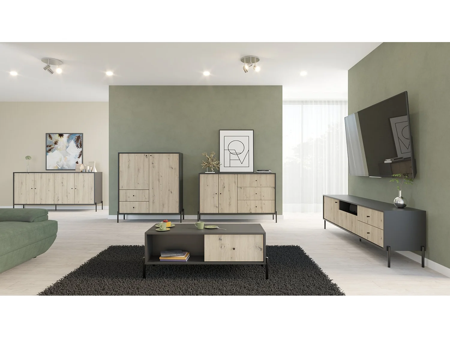 Buffet haut - 100 cm - 2 tiroirs - noir/aspect chêne artisan - RAVIERO