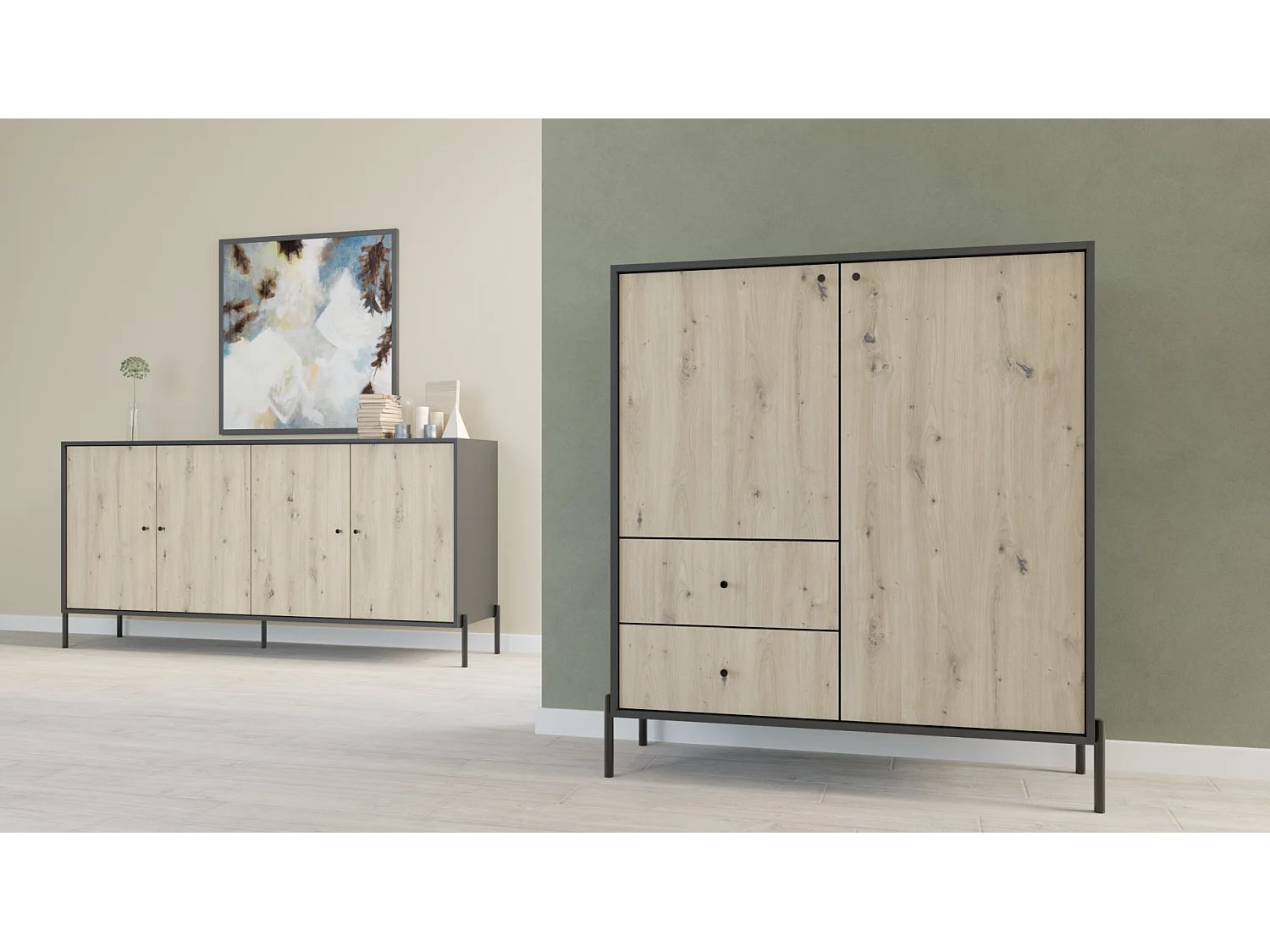 Buffet haut - 100 cm - 2 tiroirs - noir/aspect chêne artisan - RAVIERO