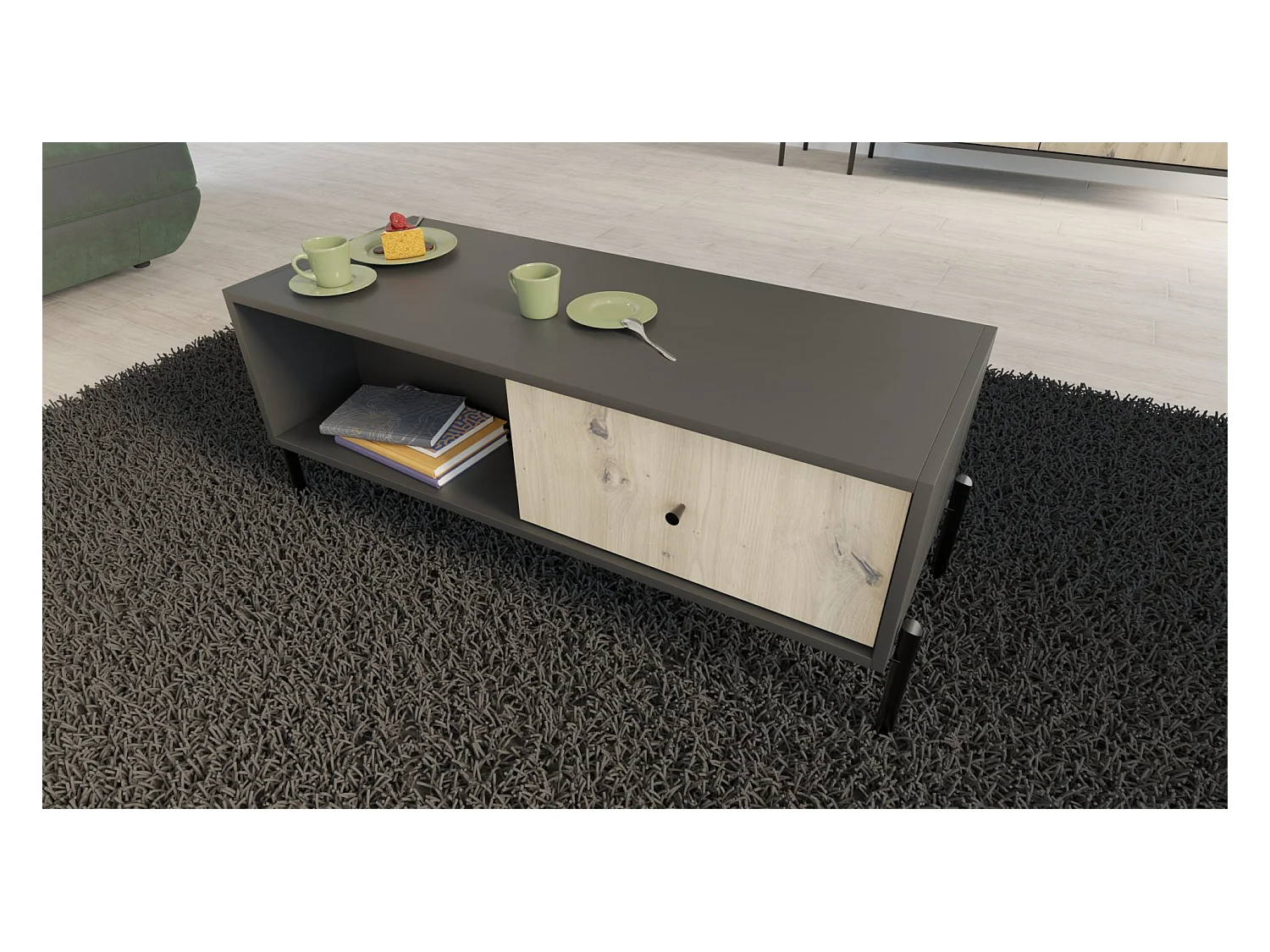 Table basse - 90x60 cm- noir/aspect chêne artisan - RAVIERO