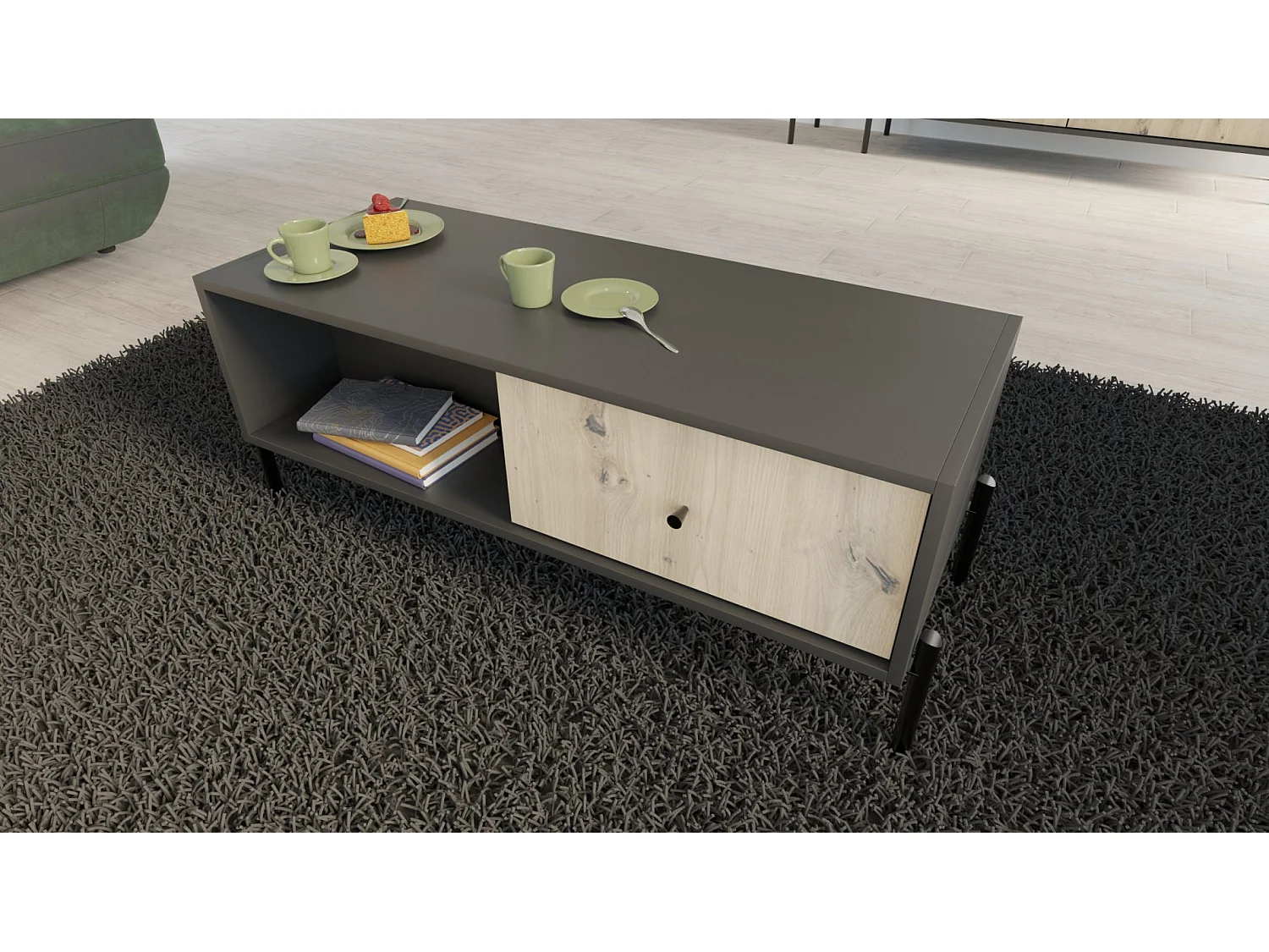 Table basse - 90x60 cm- noir/aspect chêne artisan - RAVIERO