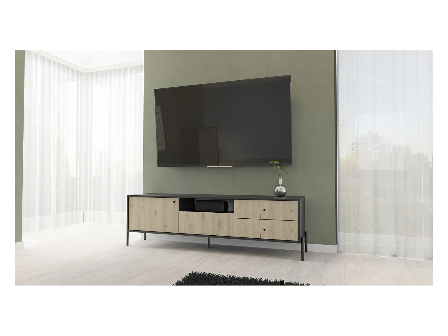 Meuble TV - 3 tiroirs- 200 cm - noir/aspect chêne artisan - RAVIERO