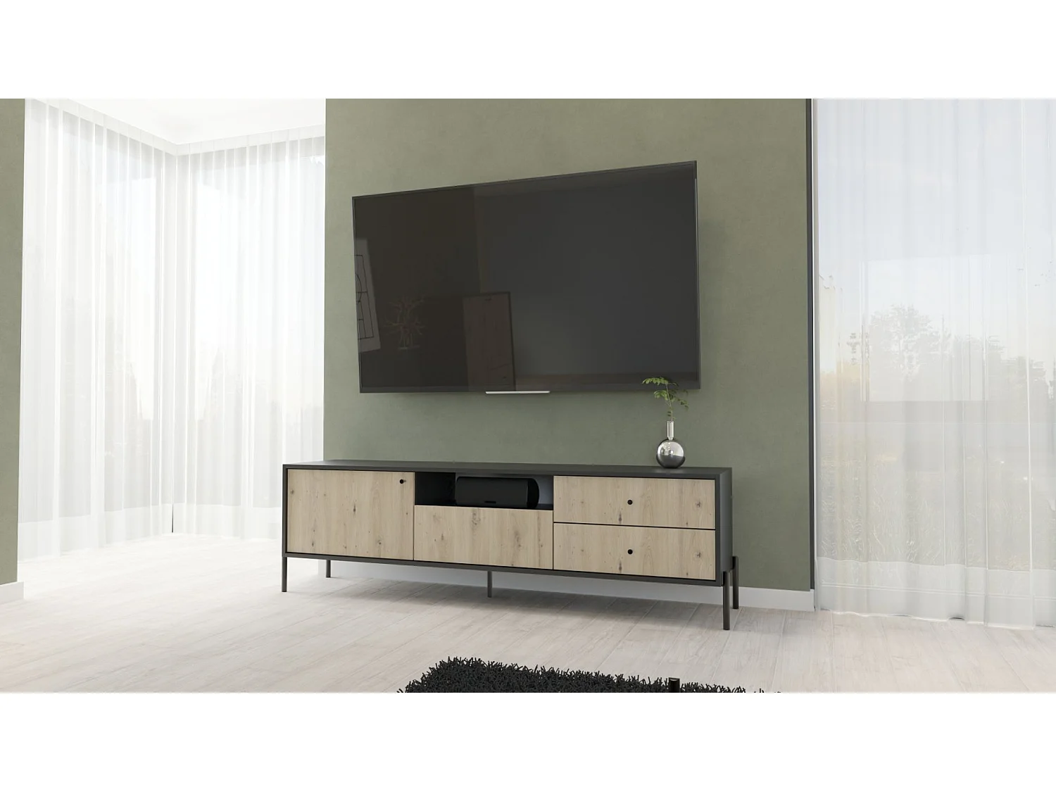 Meuble TV - 3 tiroirs- 200 cm - noir/aspect chêne artisan - RAVIERO