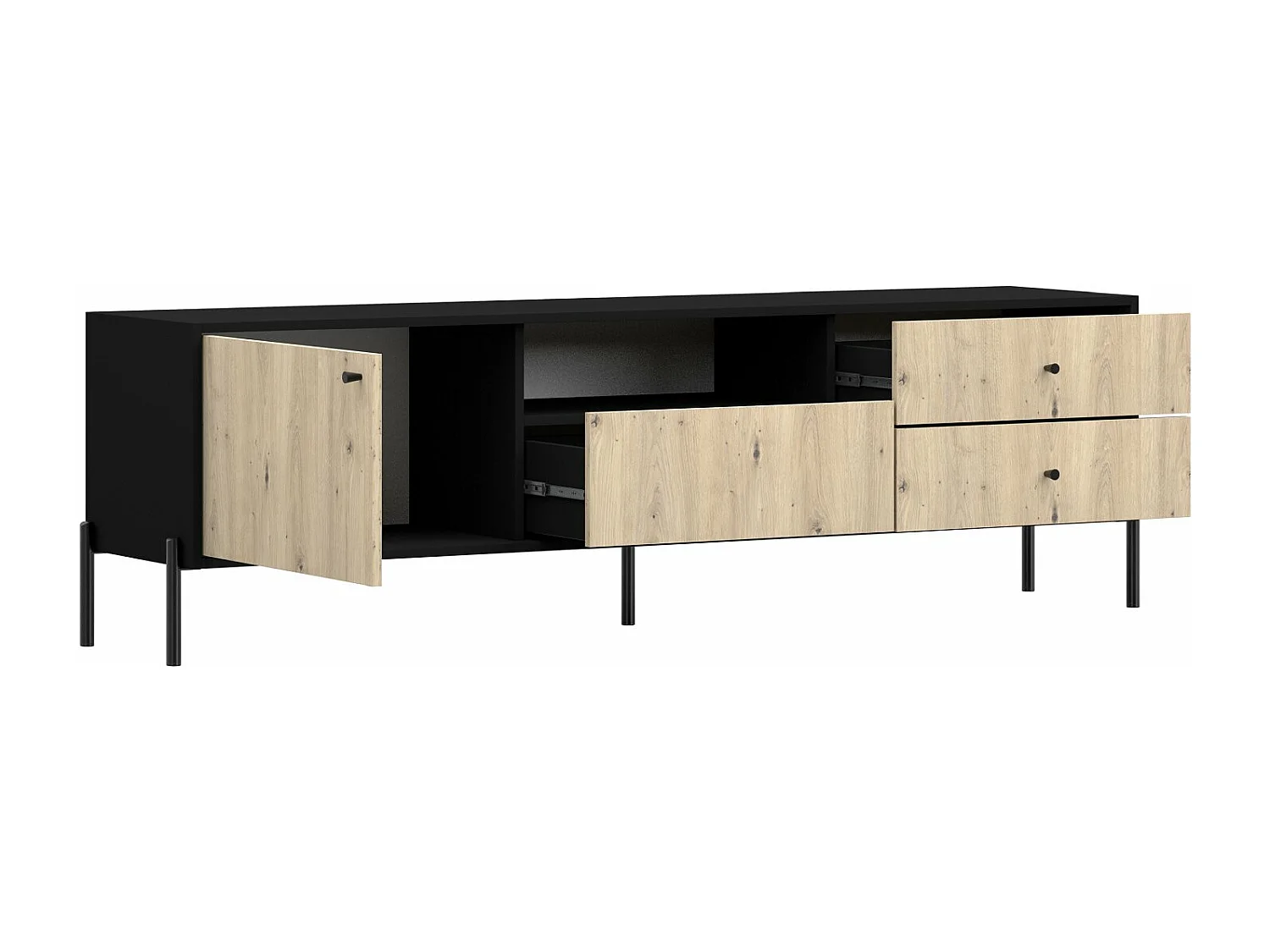 Meuble TV - 3 tiroirs- 200 cm - noir/aspect chêne artisan - RAVIERO