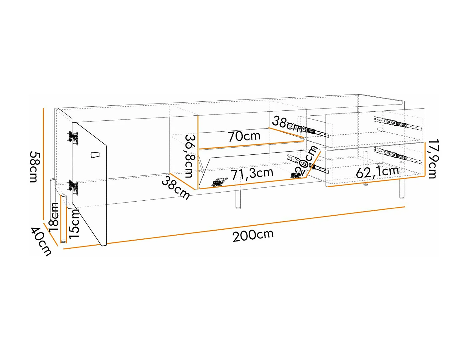 Meuble TV - 3 tiroirs- 200 cm - noir/aspect chêne artisan - RAVIERO