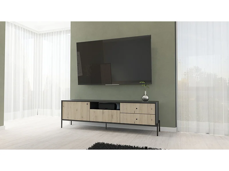 Meuble TV - 3 tiroirs- 200 cm - noir/aspect chêne artisan - RAVIERO