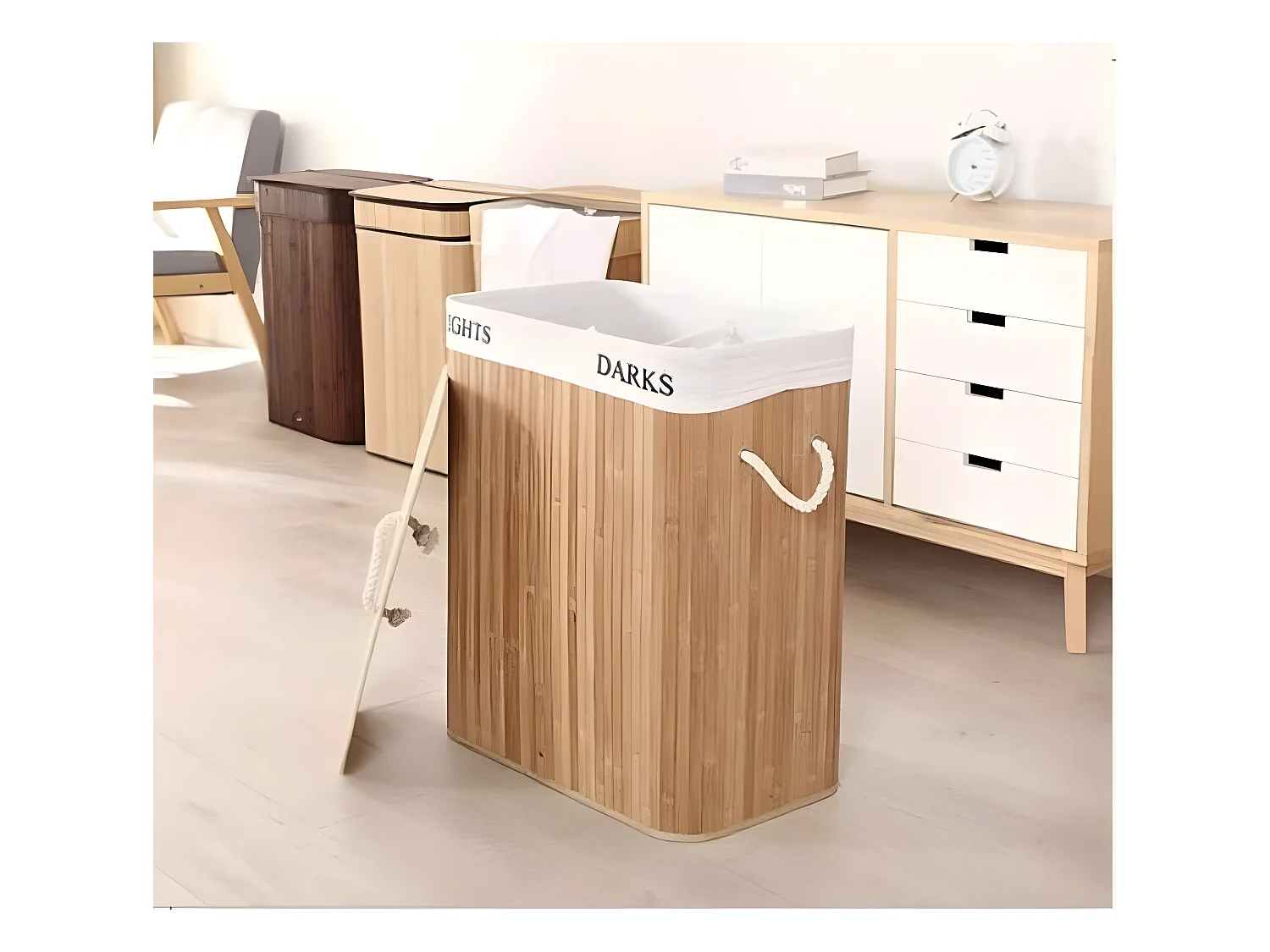 Panier à linge en bambou à 2 compartiments avec couvercle 100L