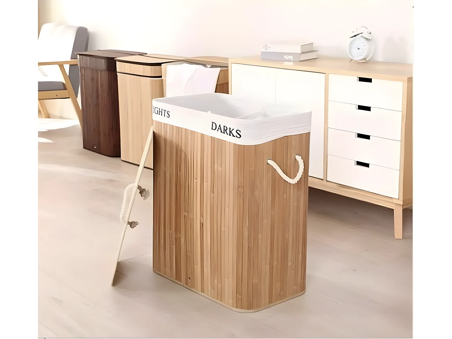 wasmanden, wasmand bamboe, wasmand 2 vakken, wasmand met deksel, wasverzamelaar met 2 compartimenten, wassorteerder, XL 100