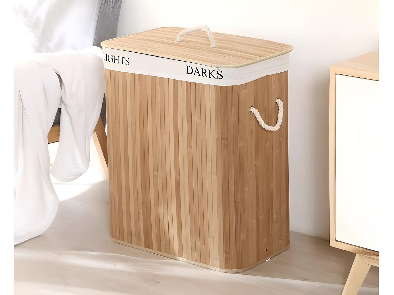 wasmanden, wasmand bamboe, wasmand 2 vakken, wasmand met deksel, wasverzamelaar met 2 compartimenten, wassorteerder, XL 100