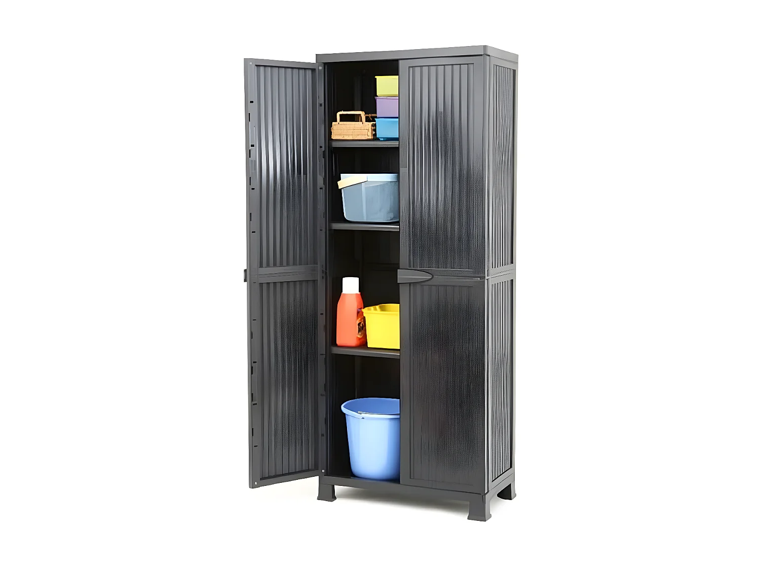 Zwarte kunststof opbergkast met 3 planken van 20 kg elk, 68 x 39 x 171 cm