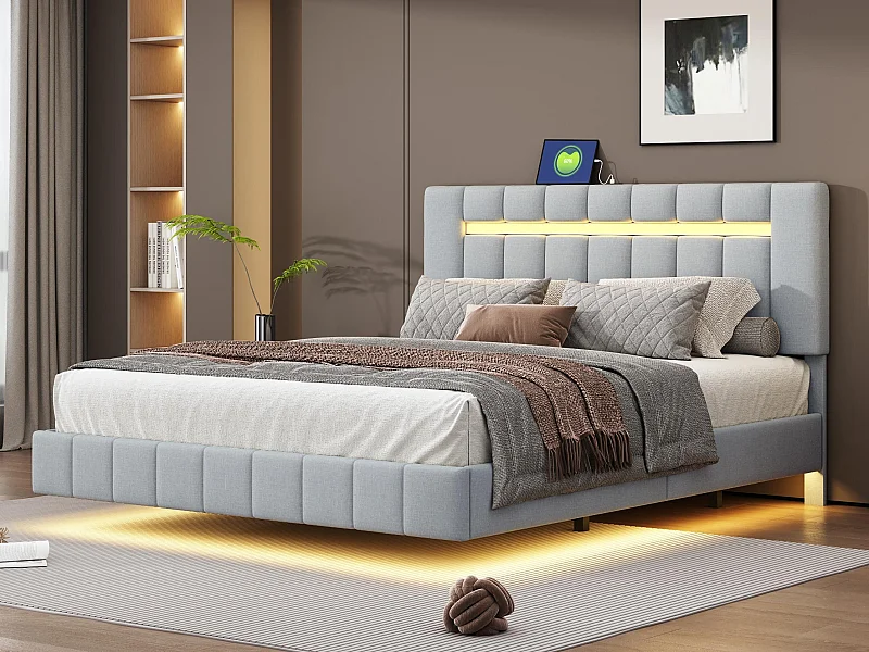 Gepolstertes Leinenbett – 160 x 200 cm – mit LED-Beleuchtung und USB-Ladeanschlüssen – Grau