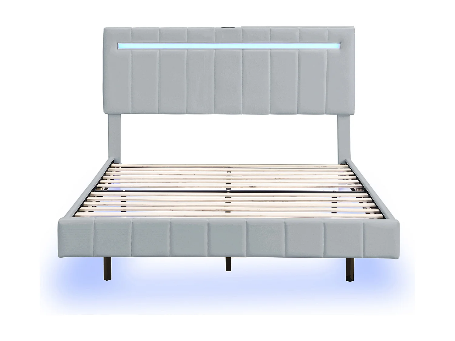 Letto imbottito in lino - 160x200 cm - con illuminazione a LED e porte di ricarica USB - Grigio