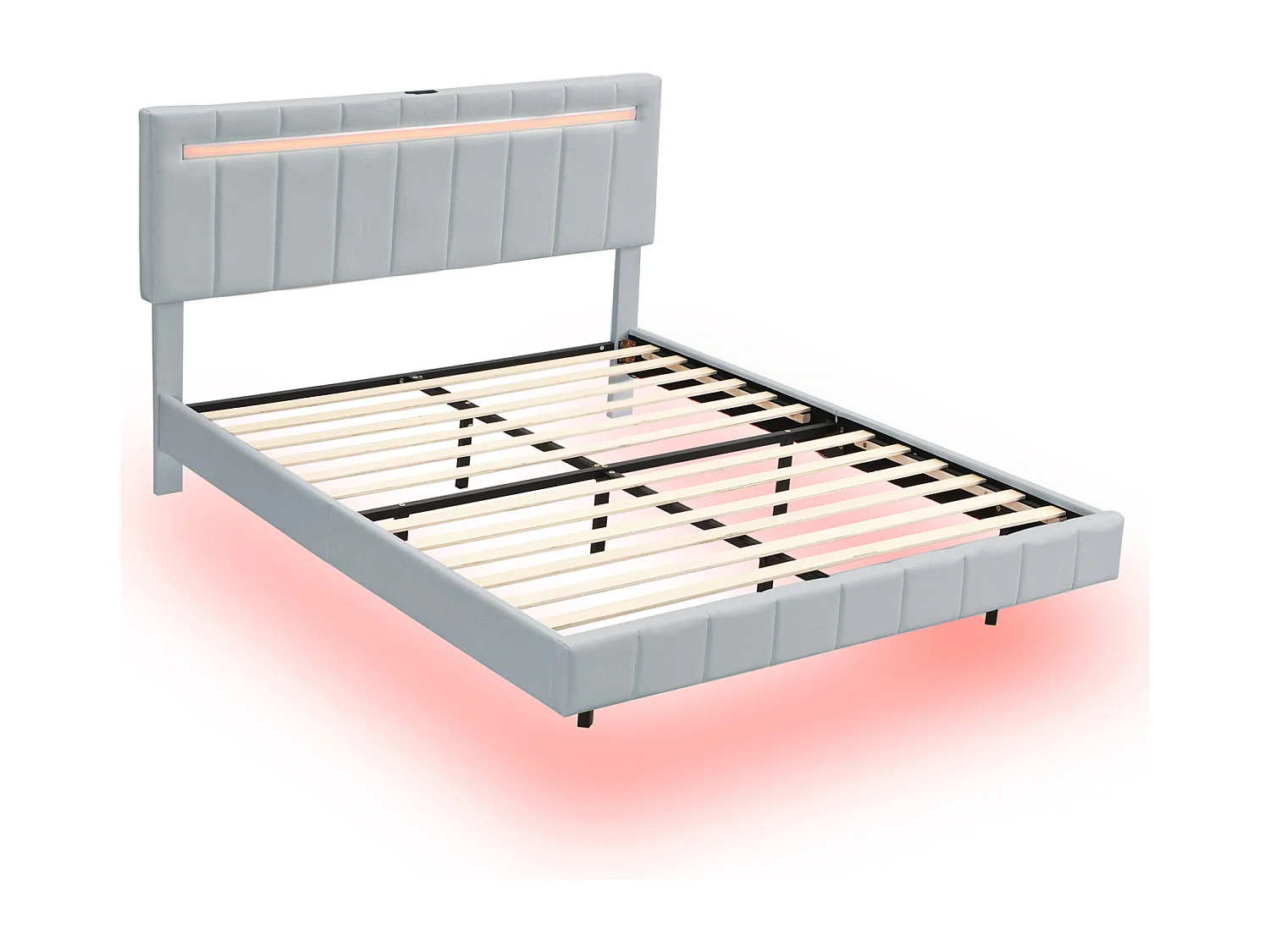 Letto imbottito in lino - 160x200 cm - con illuminazione a LED e porte di ricarica USB - Grigio