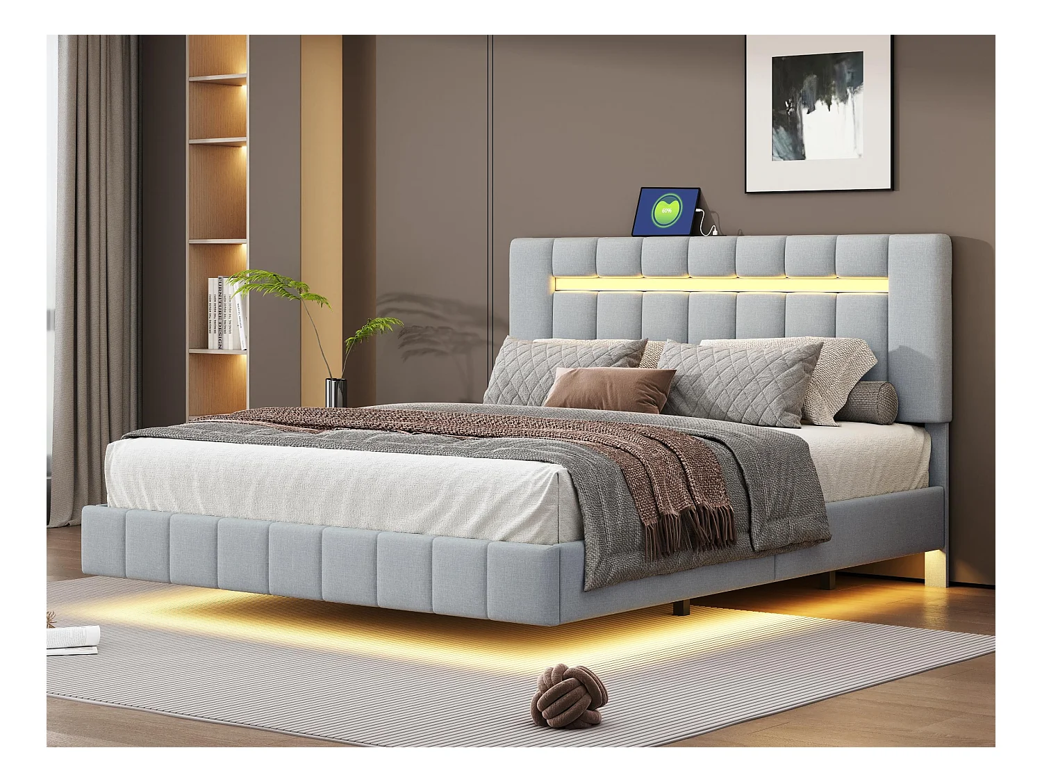 Lit rembourré en lin - 160x200cm - avec éclairage LED et Ports de charge USB - Gris