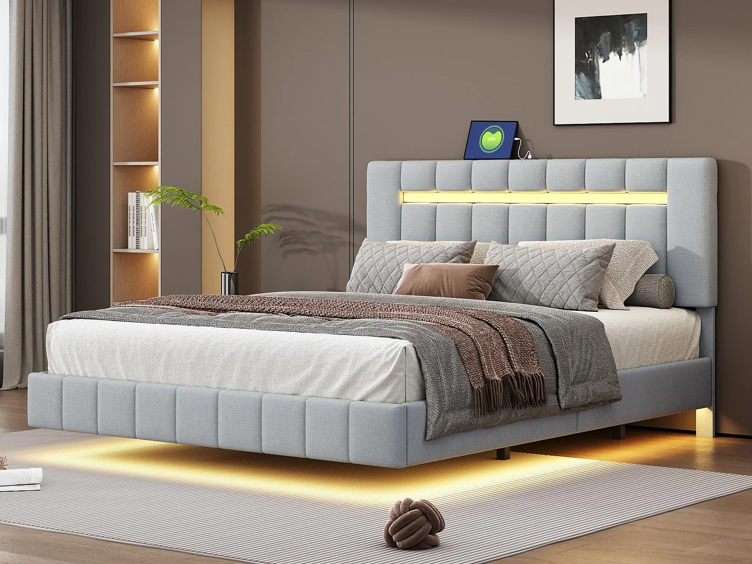 Lit rembourré en lin - 160x200cm - avec éclairage LED et Ports de charge USB - Gris